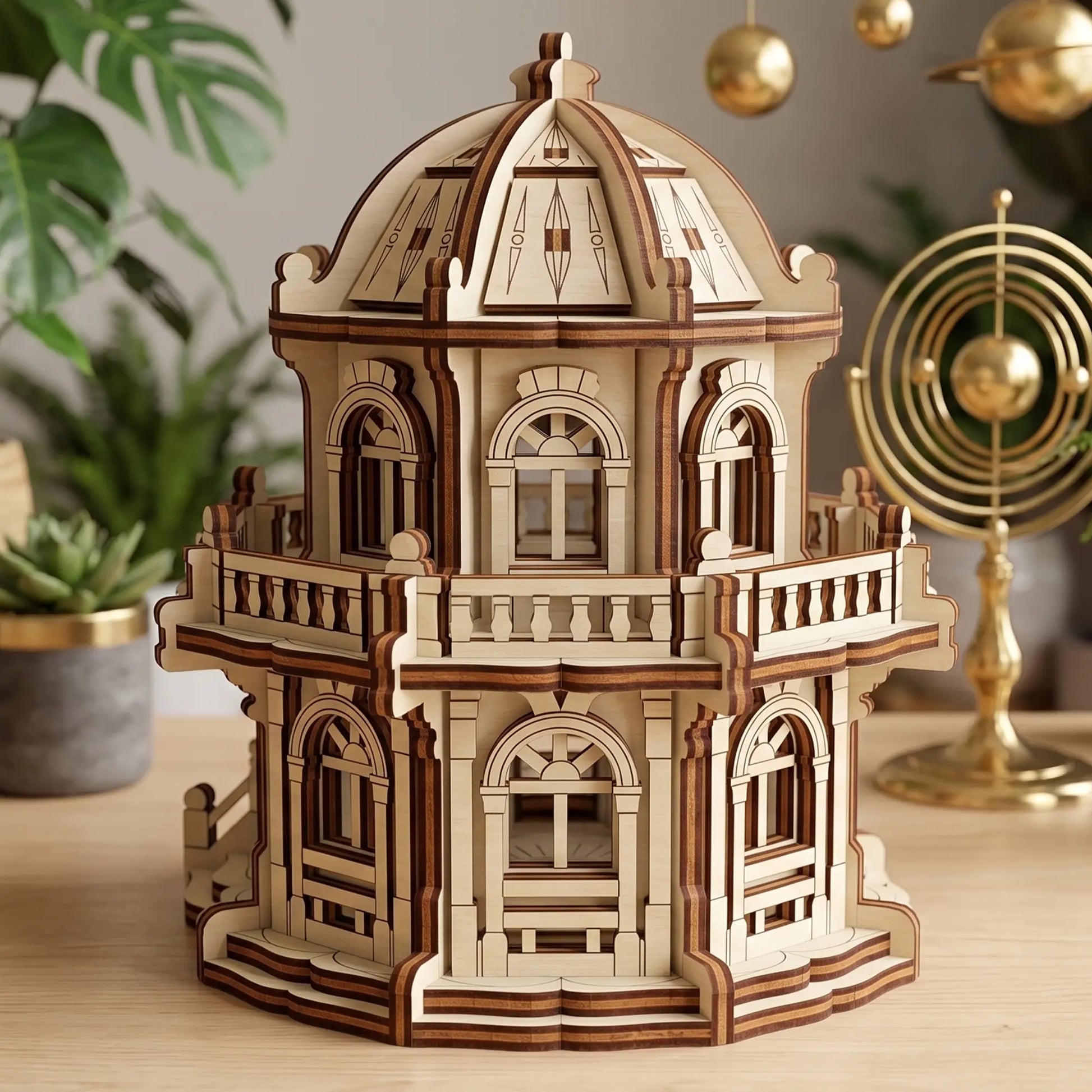 Eye-level view of an assembled laser cut plywood palace miniature with fine columns near a brass astrolabe model.