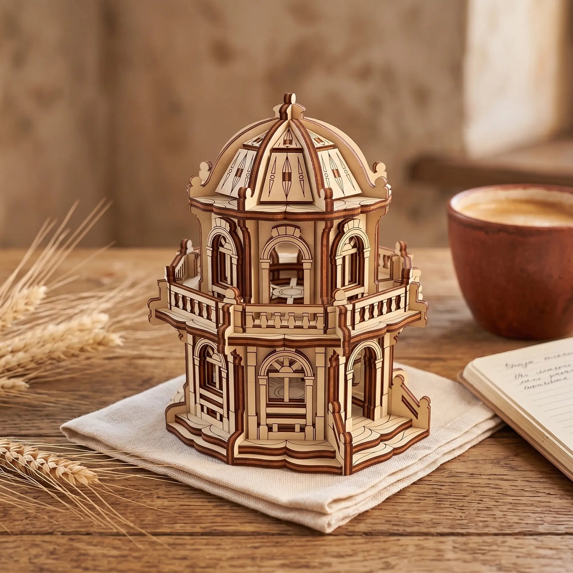 Miniature laser cut plywood dome building on a textile napkin alongside dried wheat ears and a warm coffee cup.