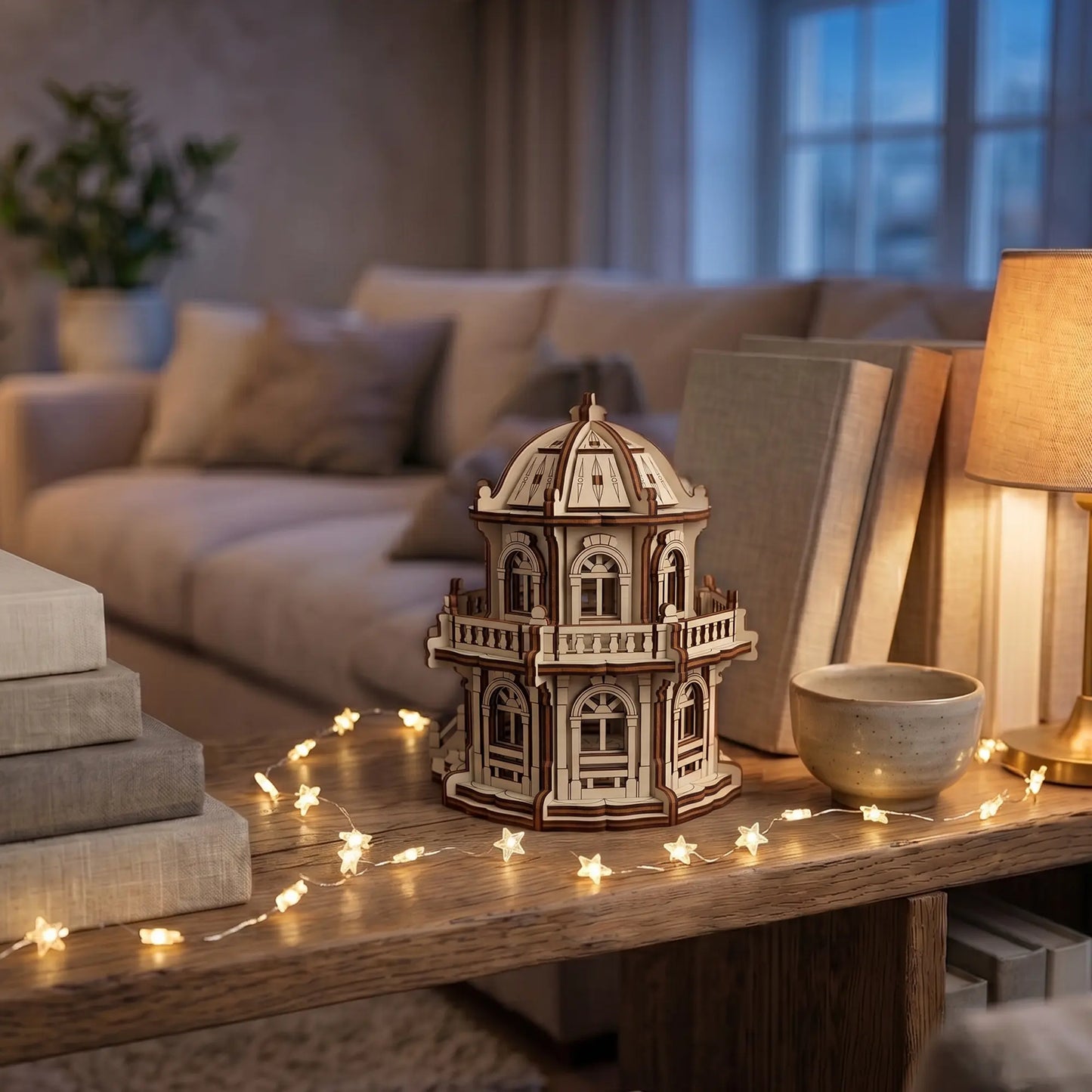 Small laser cut plywood architectural model sitting on a cozy living room table decorated with star fairy lights.