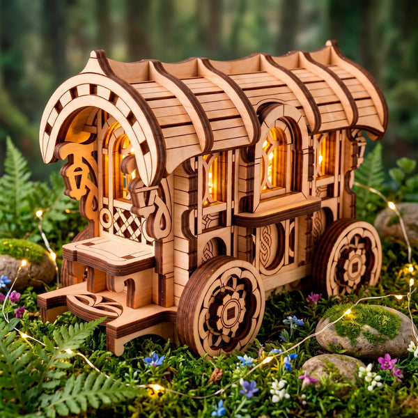 Enchanting diorama of a laser-cut wooden wagon kit illuminated with warm fairy lights, nestled in a mossy forest with mushrooms