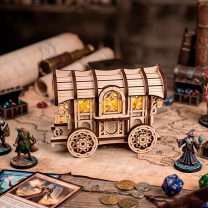 Detailed shot of the laser-cut wooden wagon on a tabletop map, surrounded by miniature figures, dice, and treasure chests.