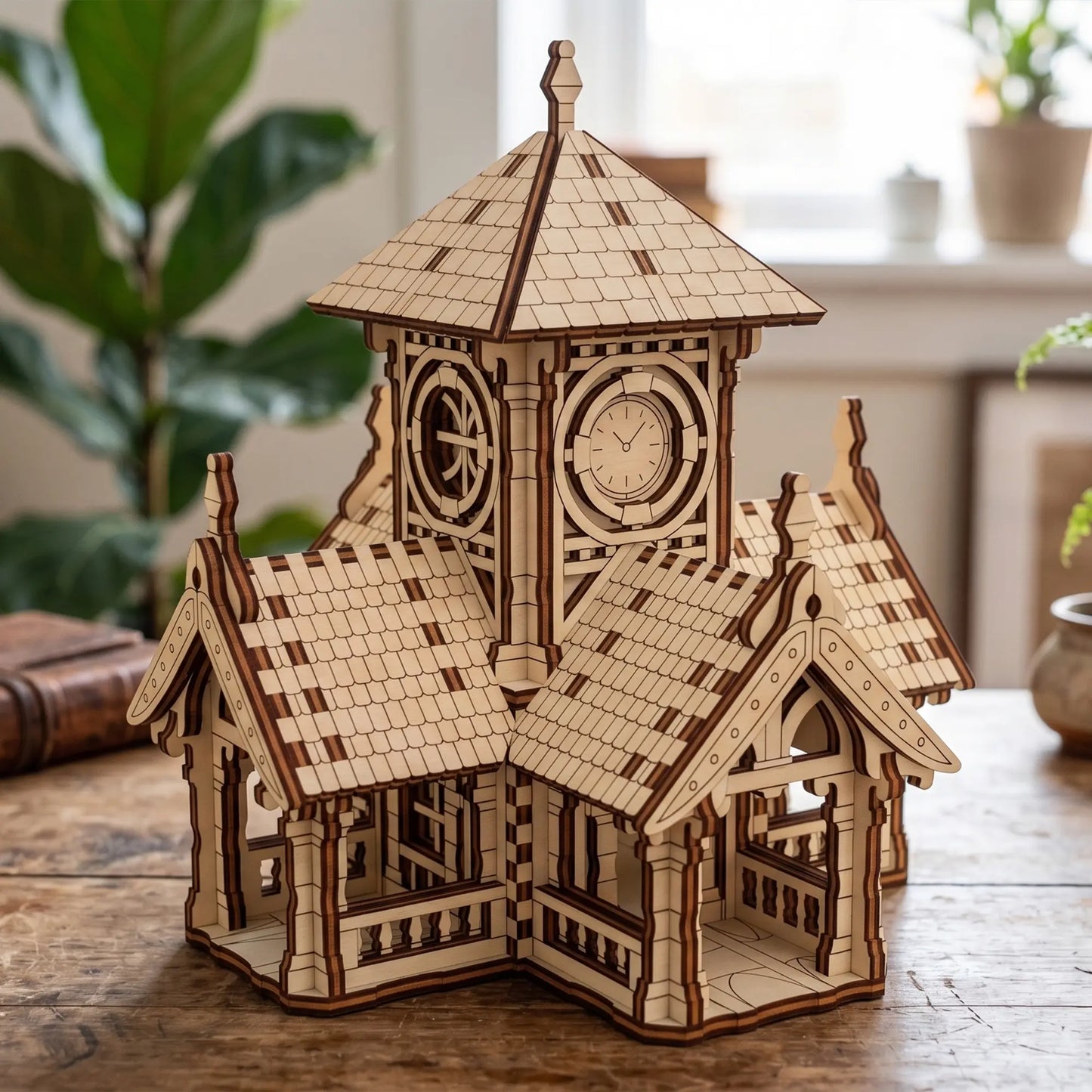 Three-quarter angle view of a miniature clock tower craft house made of laser cut plywood on a wooden desktop.
