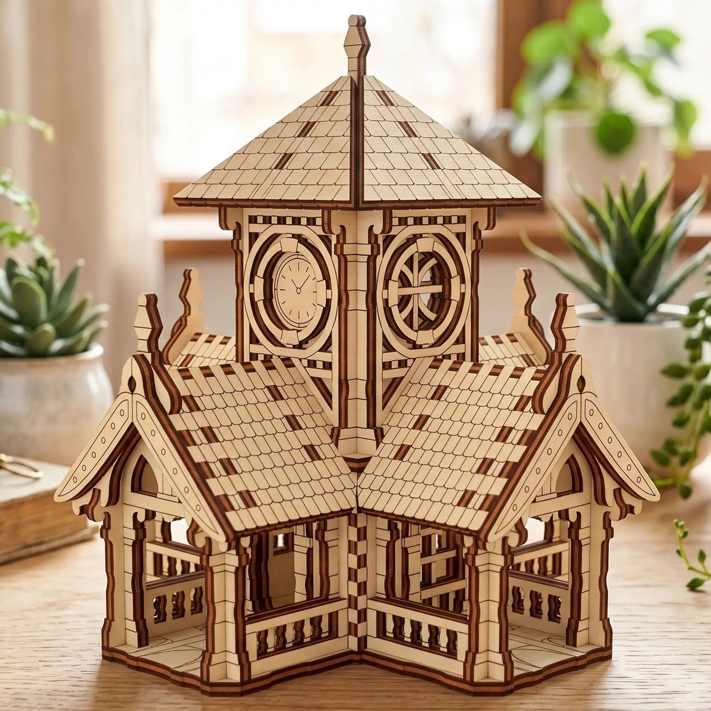 Side angle view of an assembled laser cut plywood decorative clock tower house next to indoor succulent plants.