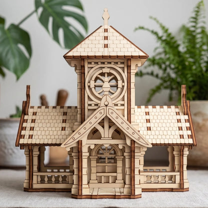 Symmetrical front view of a miniature wooden town hall clock tower toy constructed with laser cut plywood lines.