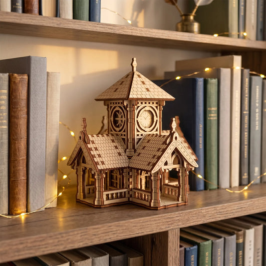 Miniature laser cut plywood clock tower house displayed on a wooden book rack next to books and soft fairy lights.