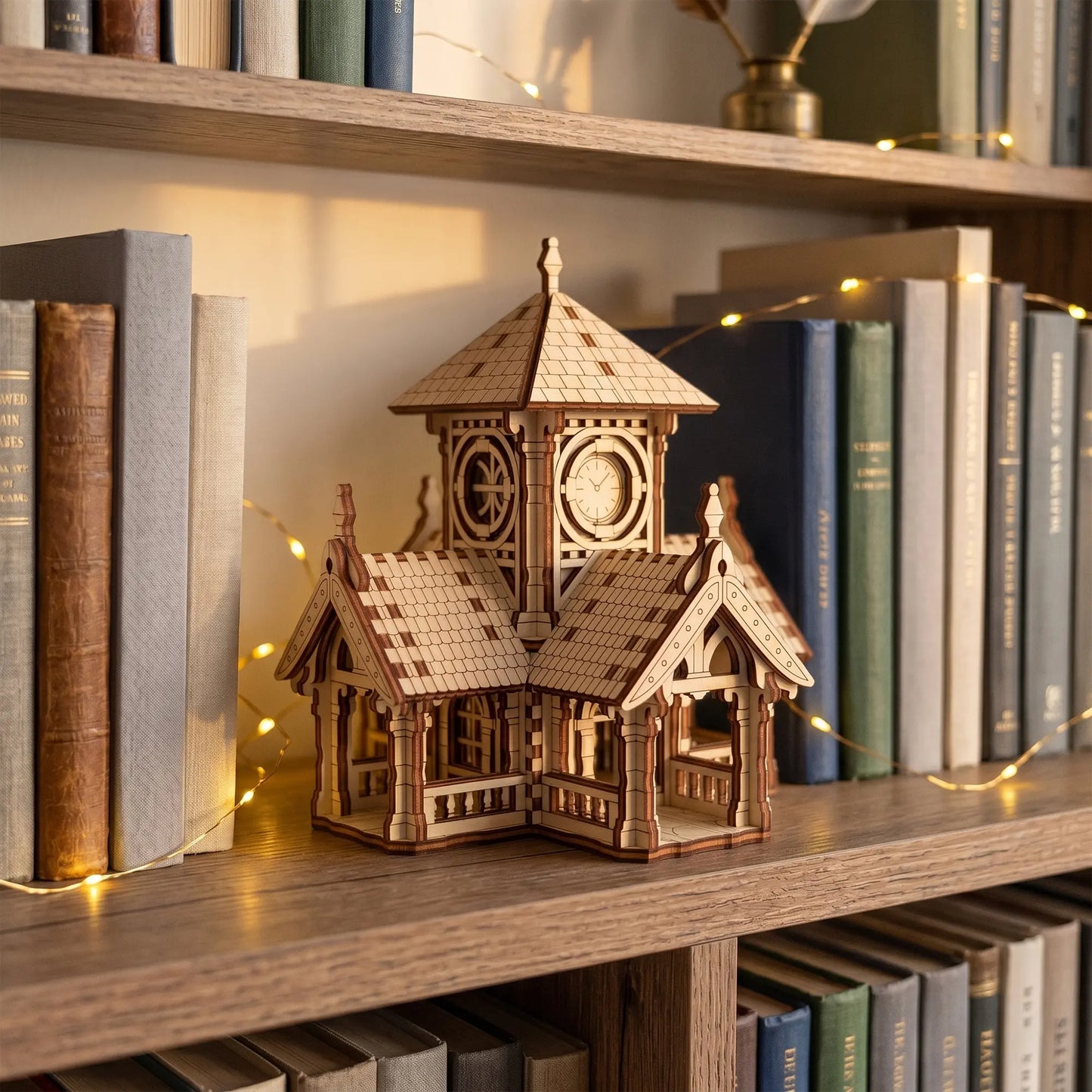 Miniature laser cut plywood clock tower house displayed on a wooden book rack next to books and soft fairy lights.