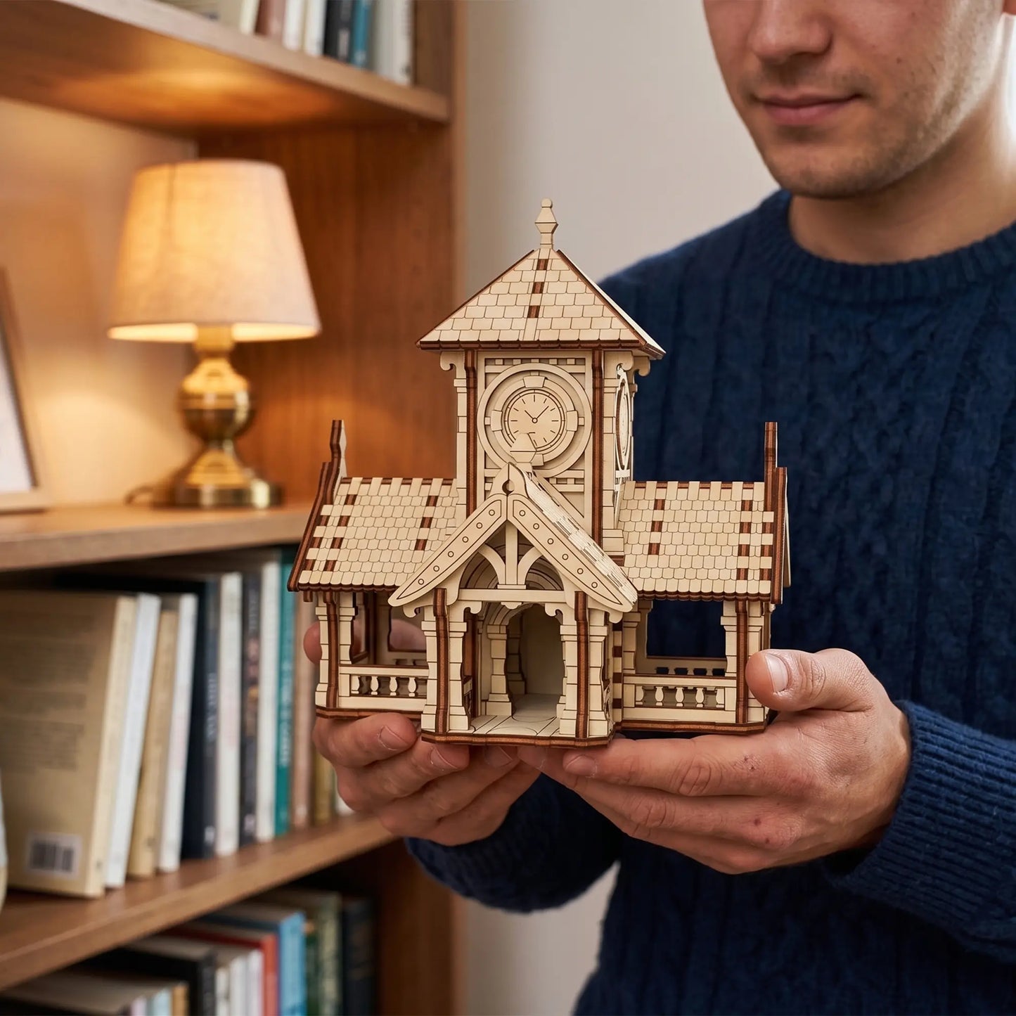 Hands holding an assembled miniature clock tower house of laser cut plywood, showcasing its exact portable scale.