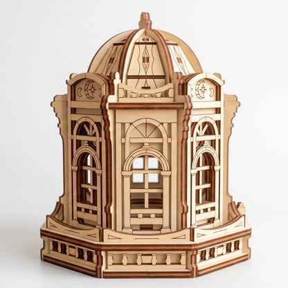 Front view of 3D laser cut plywood moon fairy gazebo with dome, arched windows, and balustrade on plain white background.