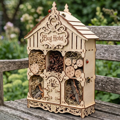 Laser cut plywood Bug Hotel house filled with cones, straw, and logs, sitting on a weathered rustic bench outdoors.