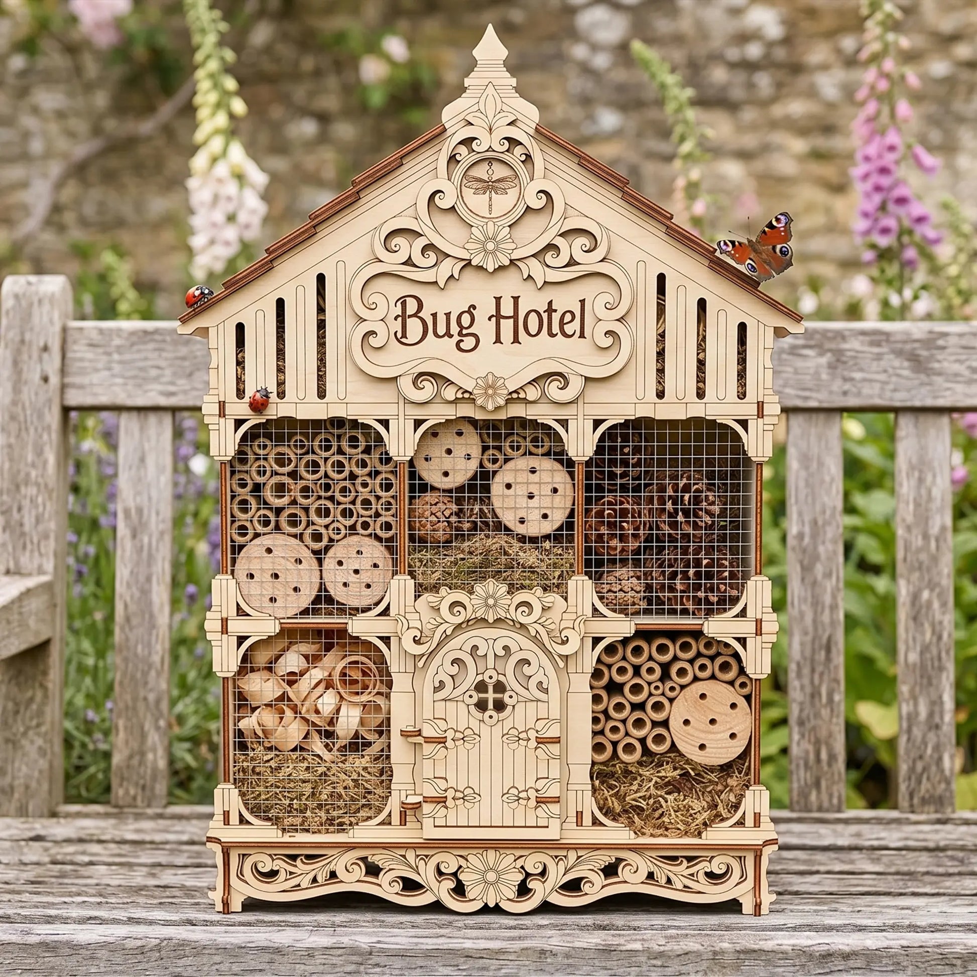 Front view of a laser cut plywood bug hotel house with mesh screens over sections, on a garden bench with flowers.