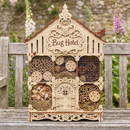 Front view of a laser cut plywood bug hotel house with mesh screens over sections, on a garden bench with flowers.