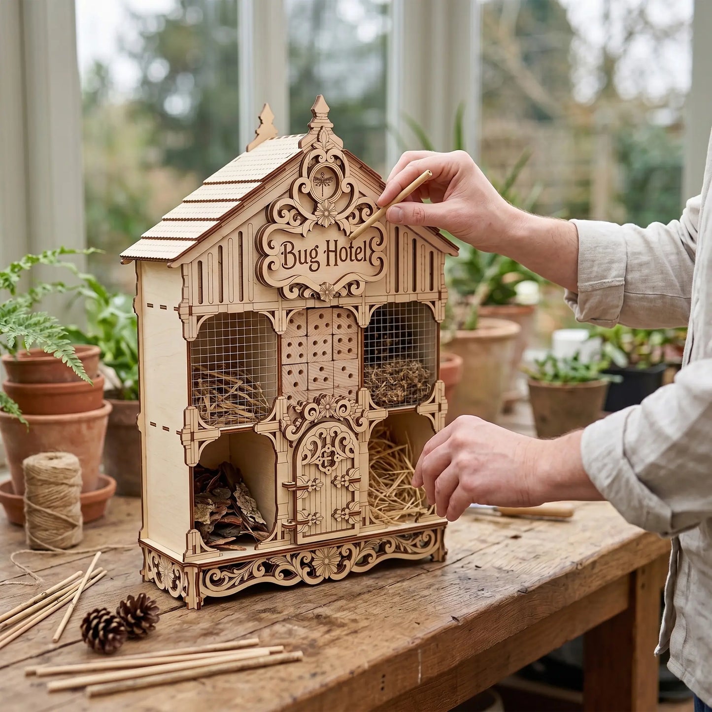 A person fills an empty laser cut plywood bug hotel house with small natural twigs on a wooden table in a sunroom.