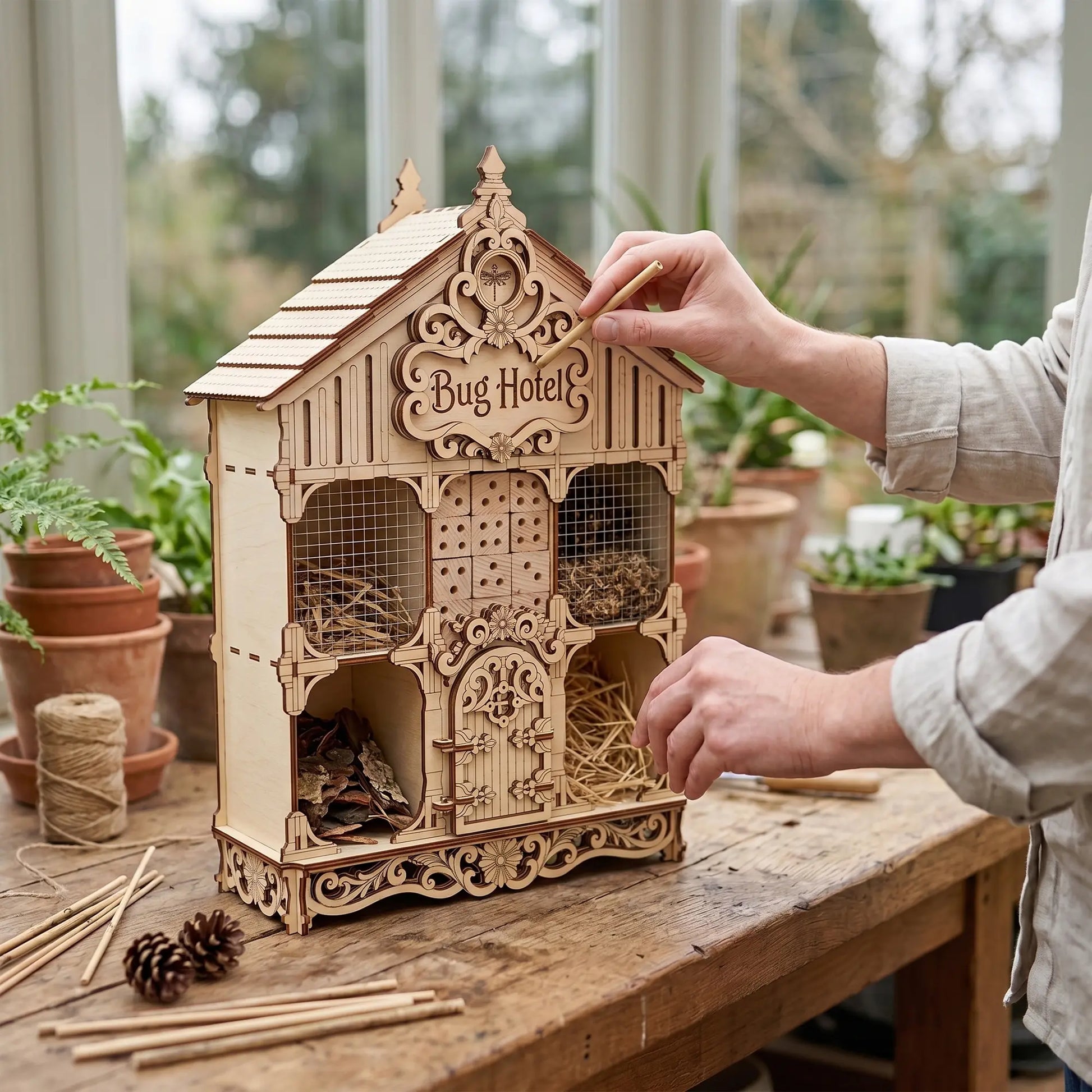 A person fills an empty laser cut plywood bug hotel house with small natural twigs on a wooden table in a sunroom.