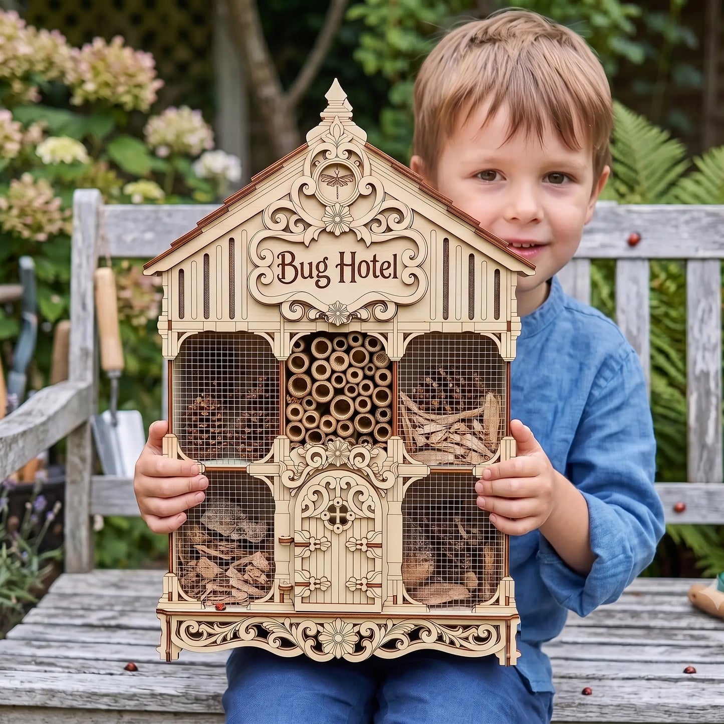 A smiling little boy sitting on a bench, holding a large filled laser cut plywood bug hotel house in the garden.