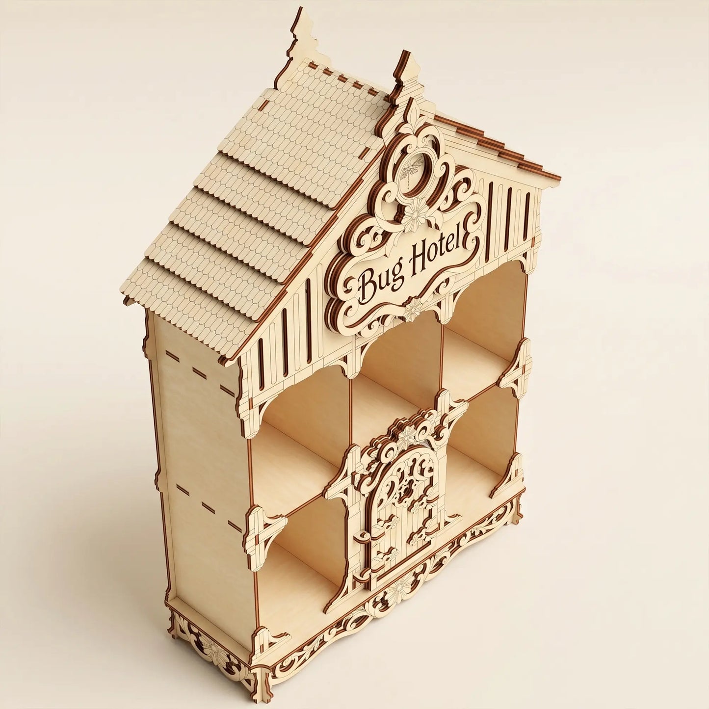 High-angle isometric view of an empty laser cut plywood bug hotel house frame showing its clean multi-tier shelves.