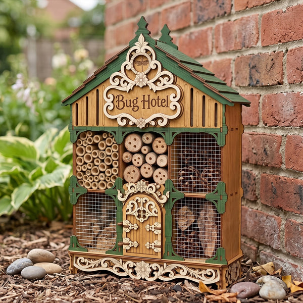 Ornate laser cut plywood Bug Hotel house with green roof trim, filled with logs and pinecones, by a brick wall