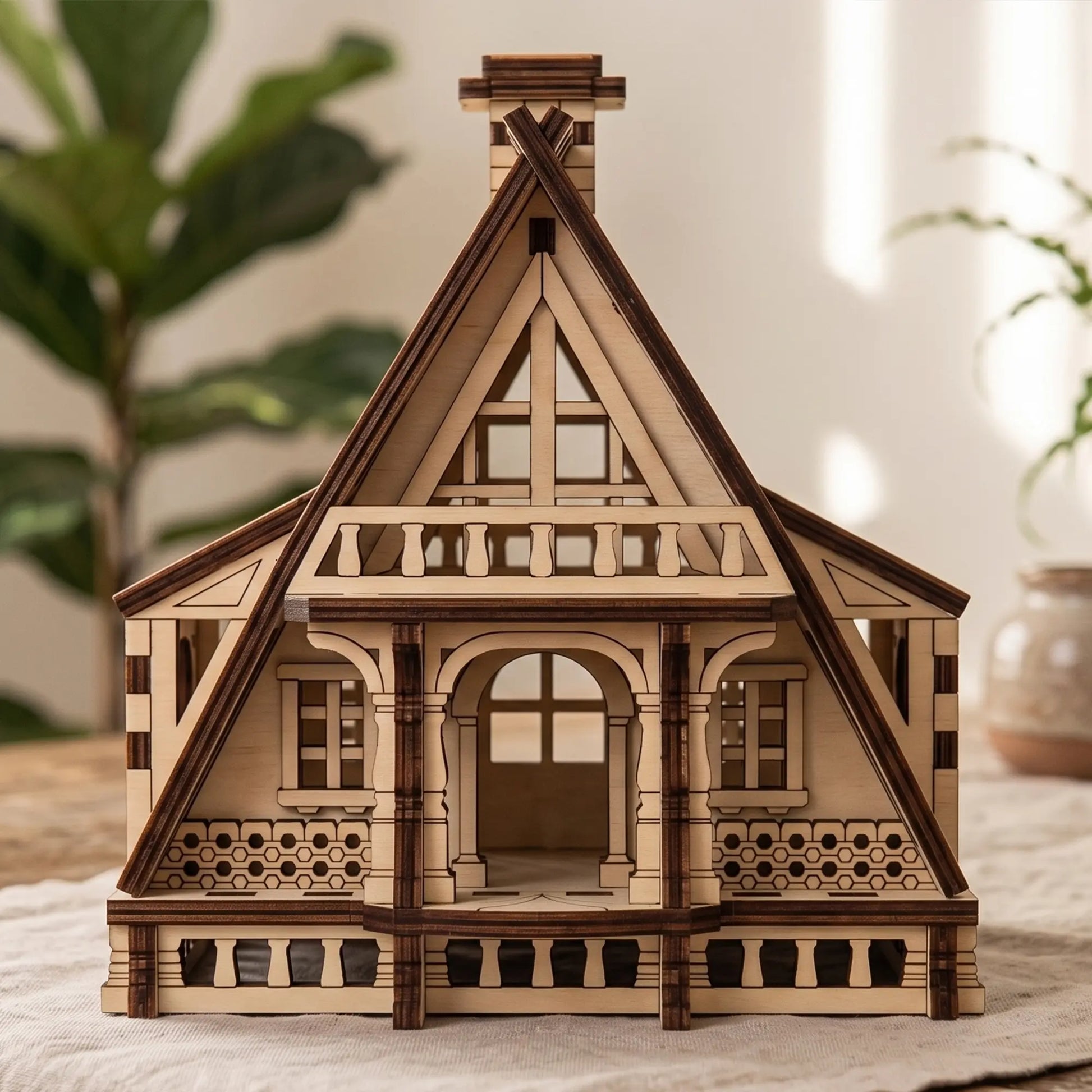 Front view of a miniature wooden fairy house with a steep roof, assembled from layered laser cut plywood panels.