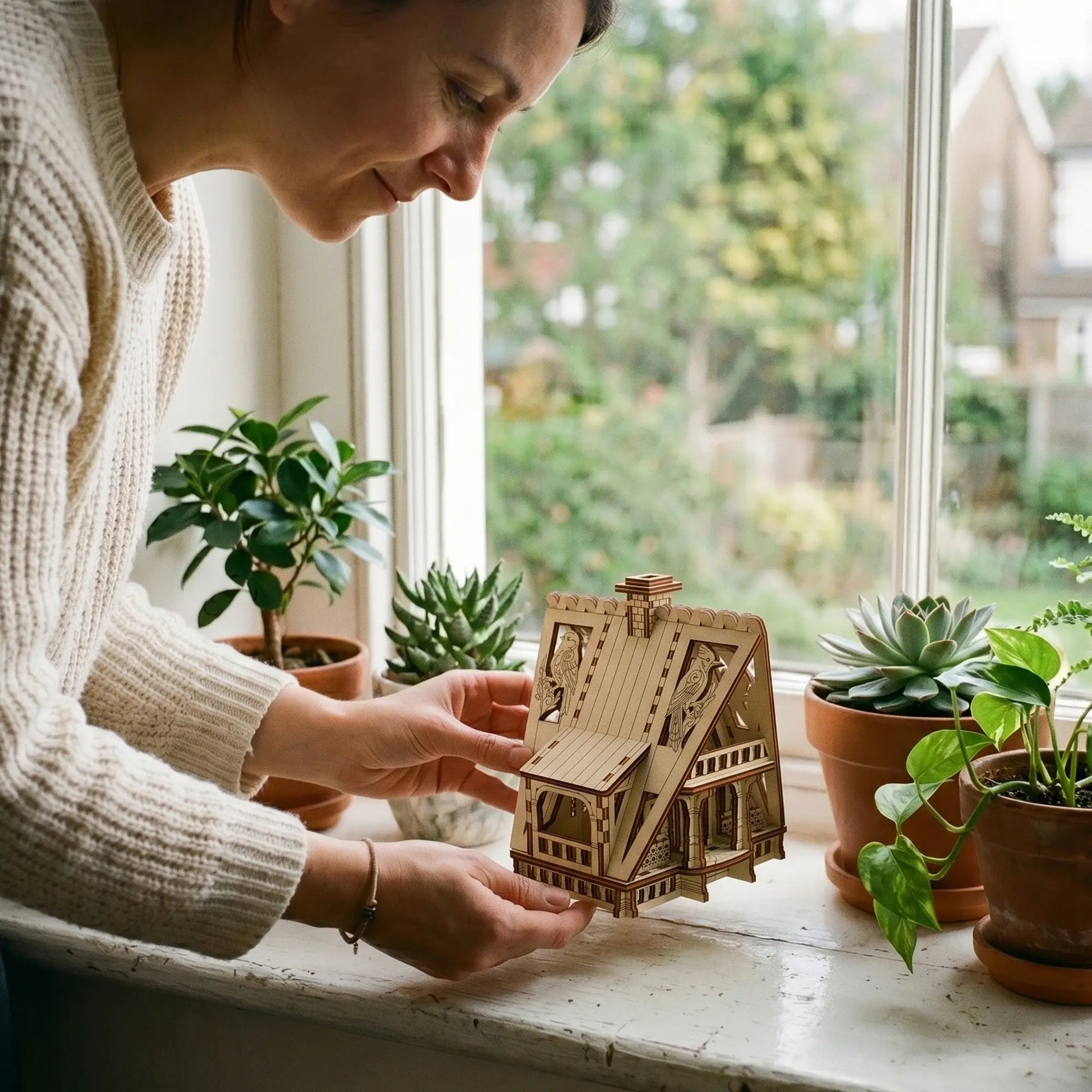 A woman placing a miniature laser cut plywood fairy house model onto a white windowsill decorated with potted succulents.
