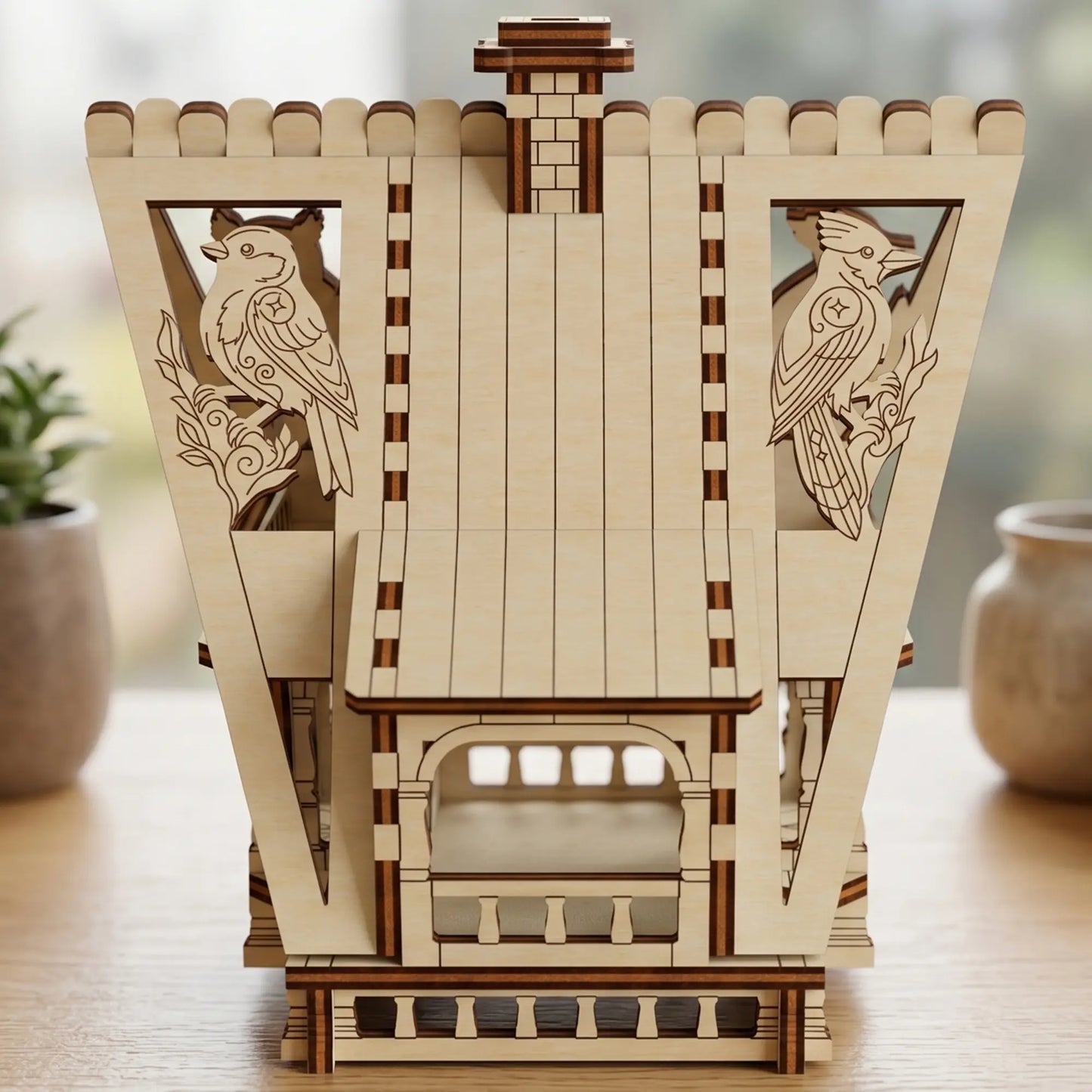 Straight side view of a laser cut plywood dollhouse roof featuring intricate engraved bird ornaments on branches.