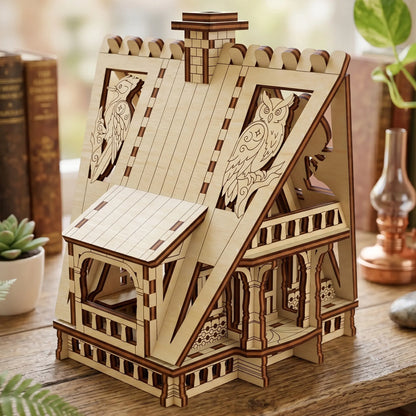 Miniature laser cut plywood fairy chalet with an owl engraving, staged on a desk near books and a copper lamp.