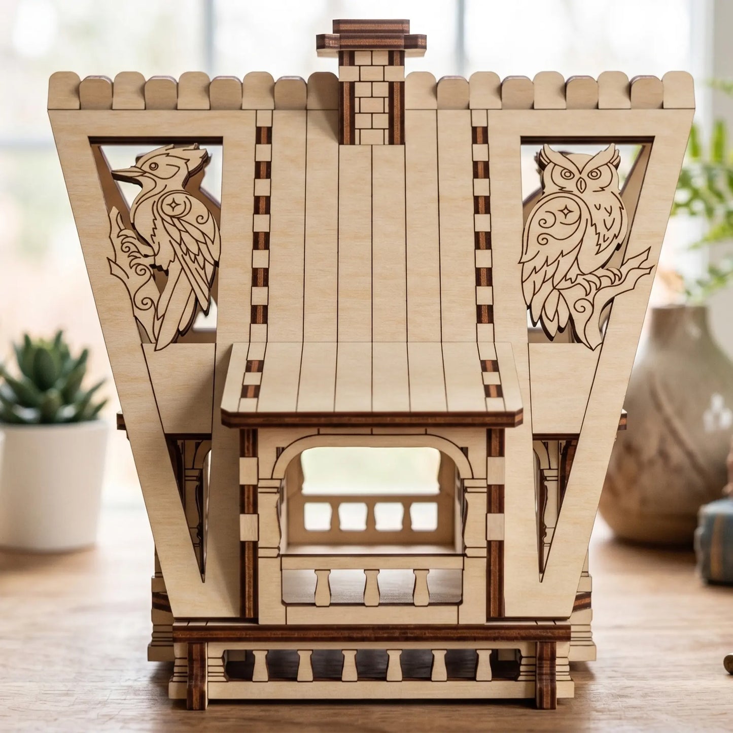 Close-up of a laser cut plywood miniature cabin roof profile showing detailed carvings of an owl and a songbird.