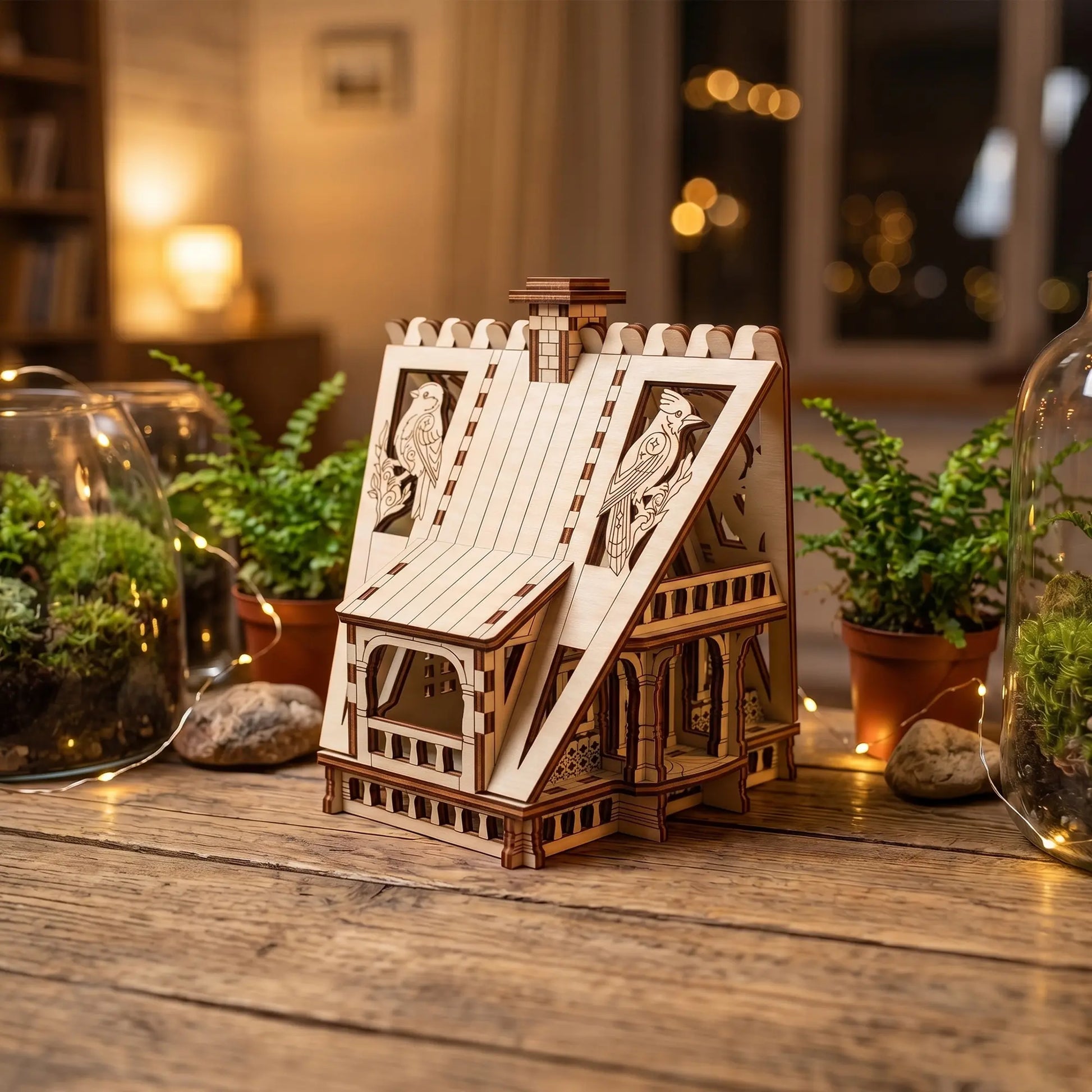 Miniature laser cut plywood forest house toy on a table surrounded by green plant terrariums and warm fairy lights.