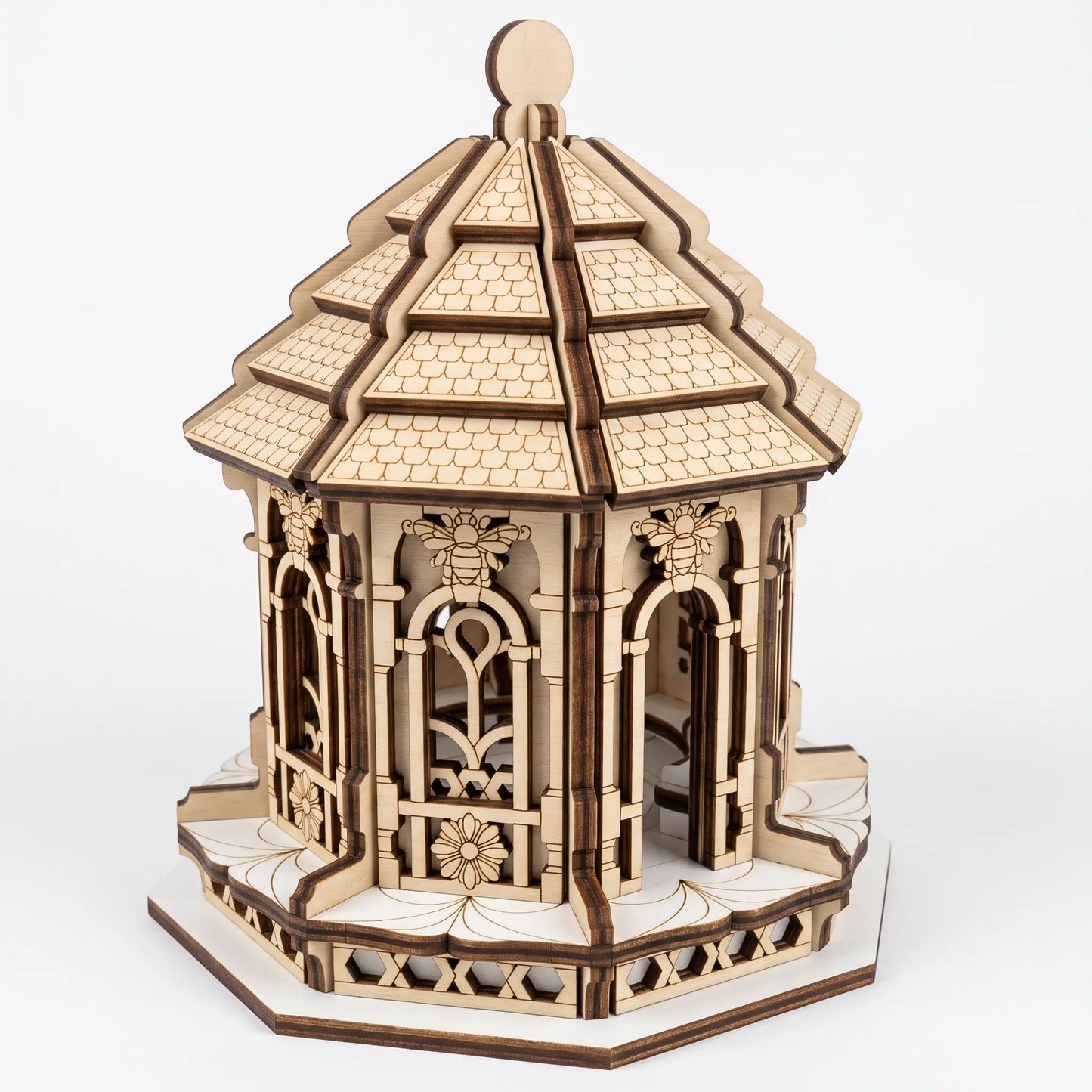 A laser-cut wooden fairy house model of a gazebo, shown assembled on a clean white background.