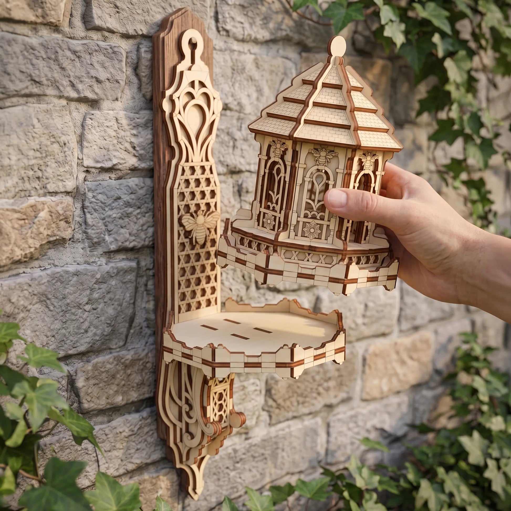 A hand holds a small laser-cut wooden fairy bee house shaped shelf piece in front of a stone wall with green ivy. 