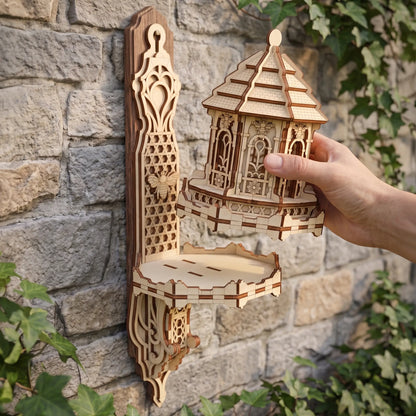 A hand holds a small laser-cut wooden fairy bee house shaped shelf piece in front of a stone wall with green ivy. 