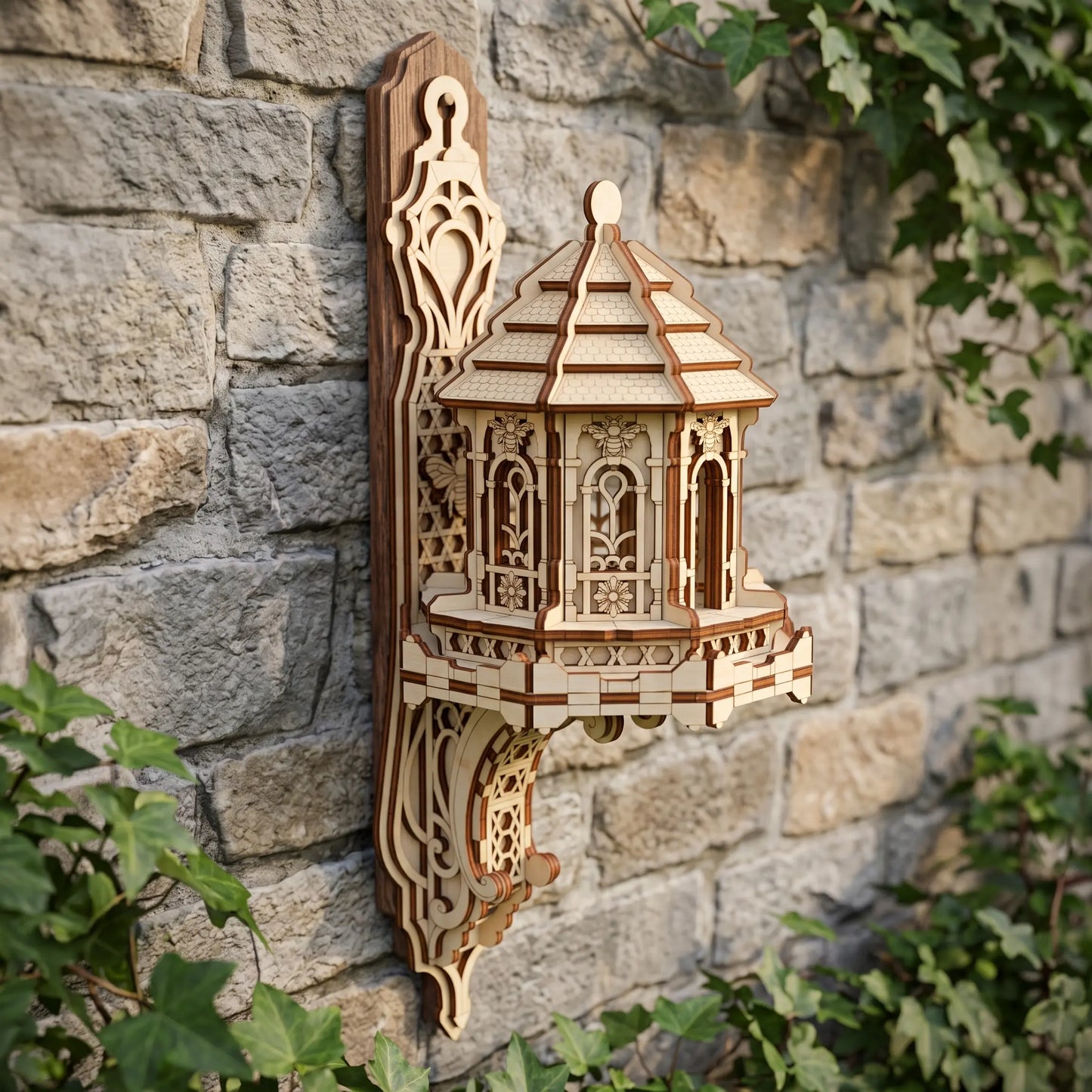 An ornate laser-cut wooden wall-mounted garden house with intricate scrollwork and a tiered roof, shown attached to a stone wall with green ivy around it.