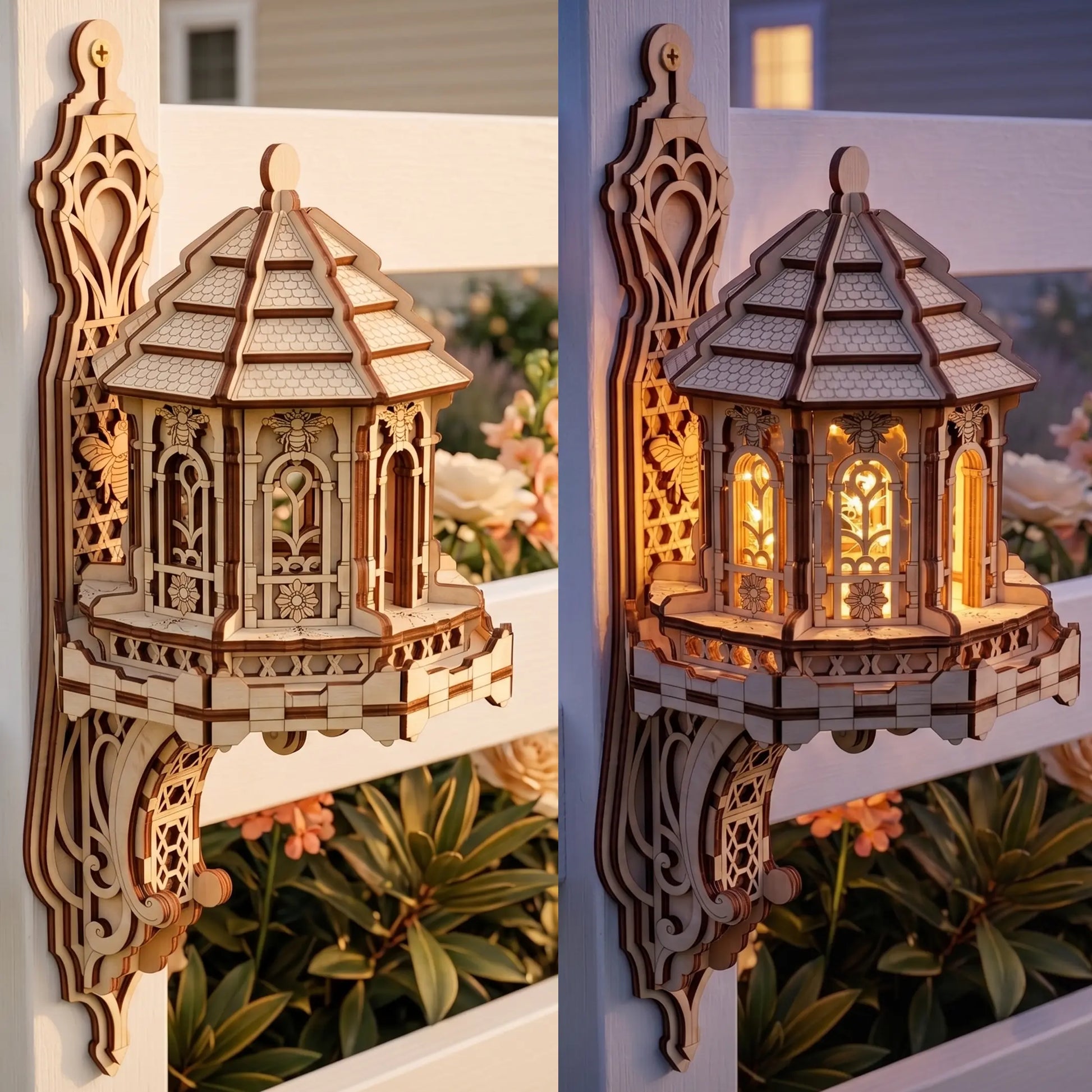 A wooden laser-cut faury house lantern wall light shown mounted on a white fence outdoors. 