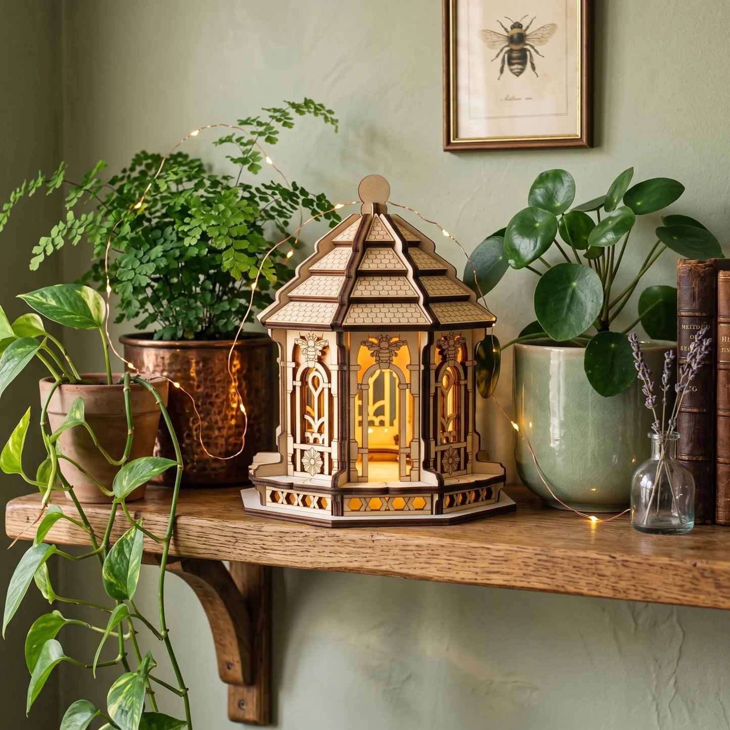 A wooden laser cut fairy house shaped lantern with a glowing warm light inside, displayed on a rustic shelf alongside plants, books, and string lights in a cozy indoor setting.