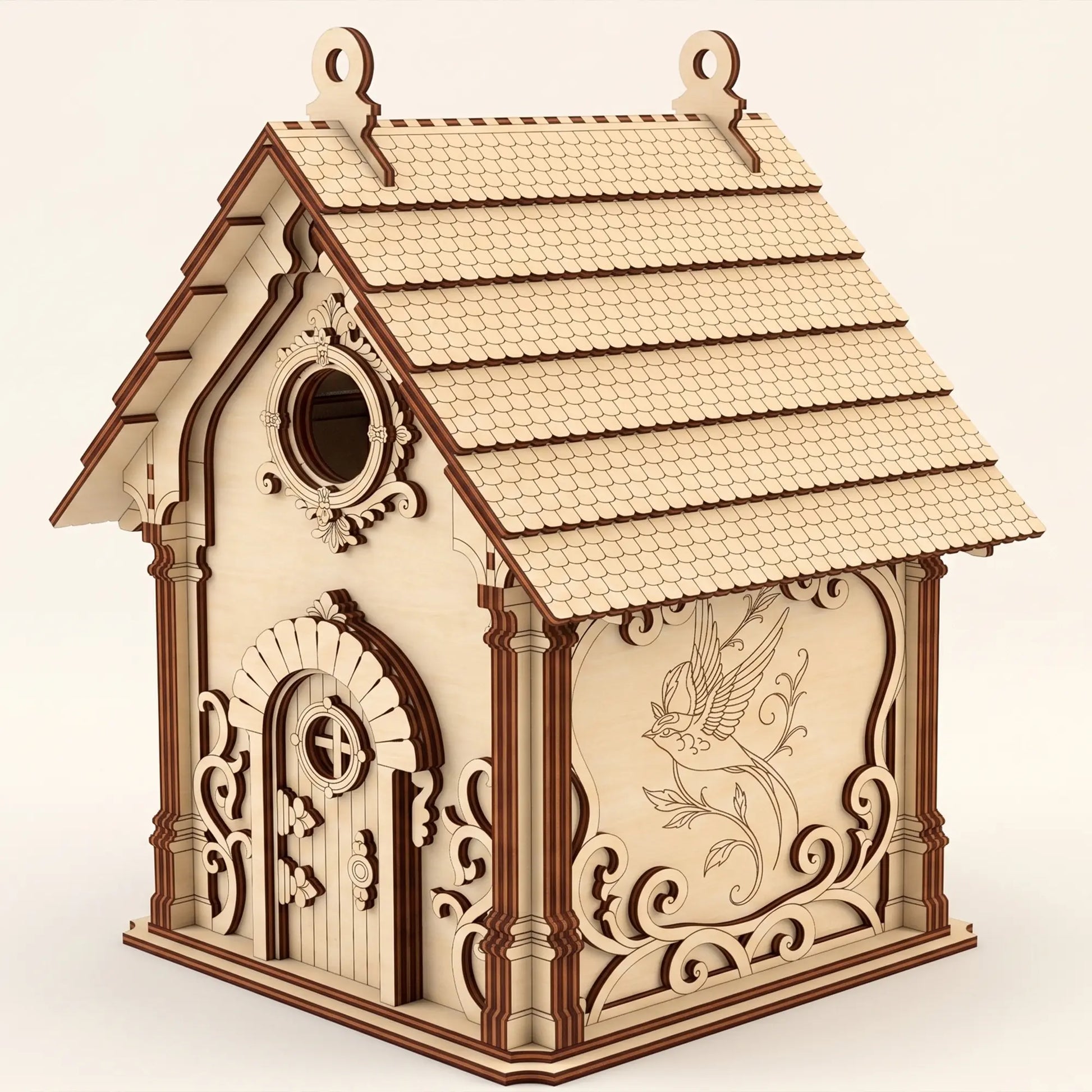 Three-quarter studio view of an unpainted laser cut plywood fairy birdhouse showing a bird engraving on the side