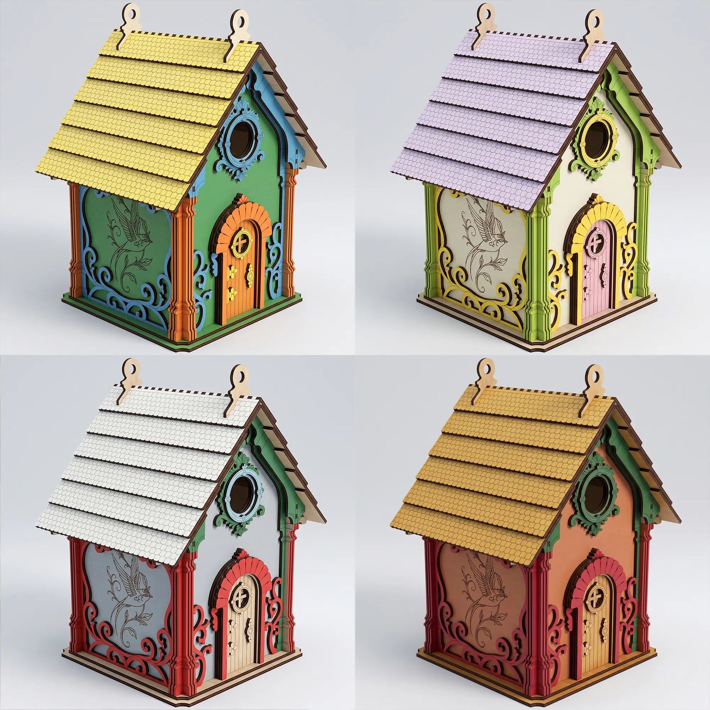 Grid showing four colorful design variations of the laser cut plywood birdhouse file with vibrant paint choices