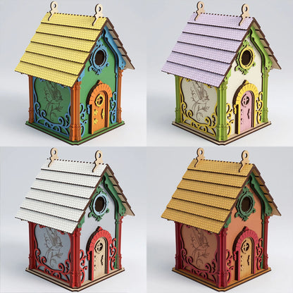 Grid showing four colorful design variations of the laser cut plywood birdhouse file with vibrant paint choices