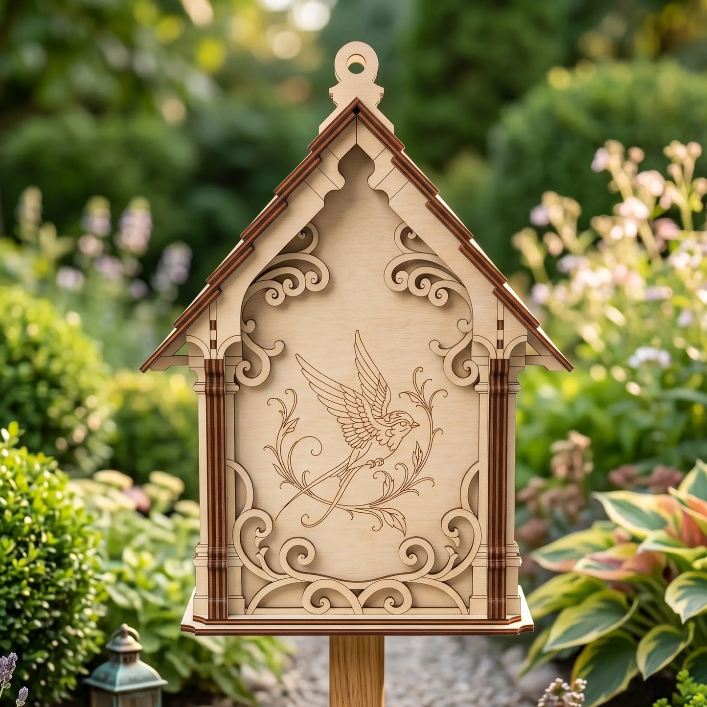Close-up view of a teal-accented laser cut plywood birdhouse with a robin on the roof and a goldfinch on a nearby branch