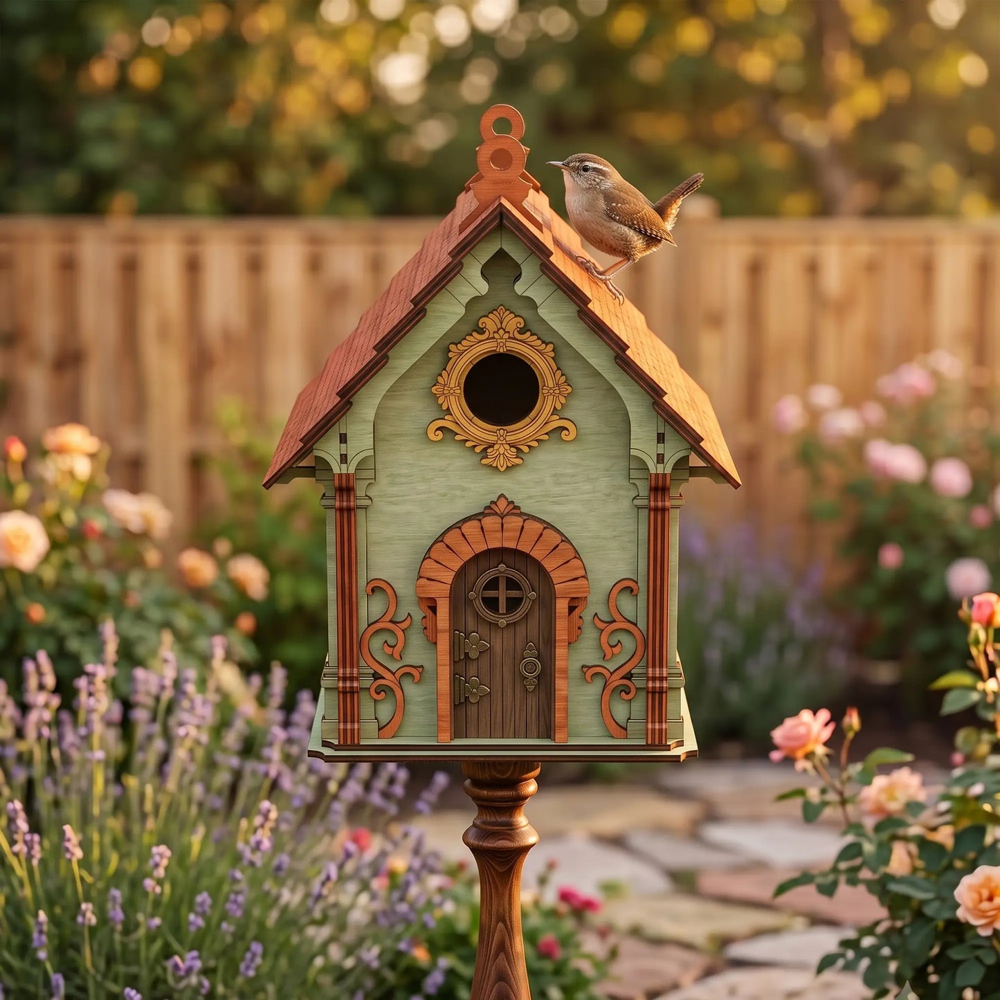 Assembled laser cut plywood fairy house painted light green with a brown bird perched on the roof peak, outdoors