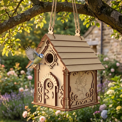 Laser cut plywood birdhouse hanging from a tree branch with a small blue bird flying near the entrance.