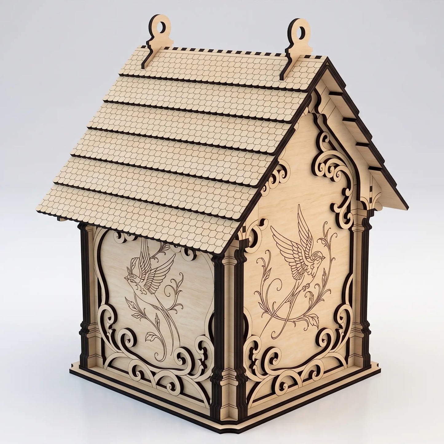 Studio product photo from a back-angle view of an unpainted laser cut plywood fairy house showing engravings.