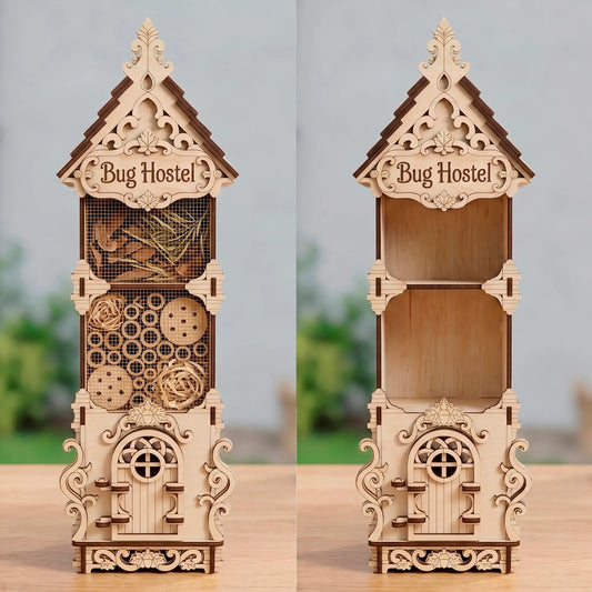 Laser-cut plywood 'Bug Hostel' insect hotel, shown full of natural materials on the left and empty on the right.