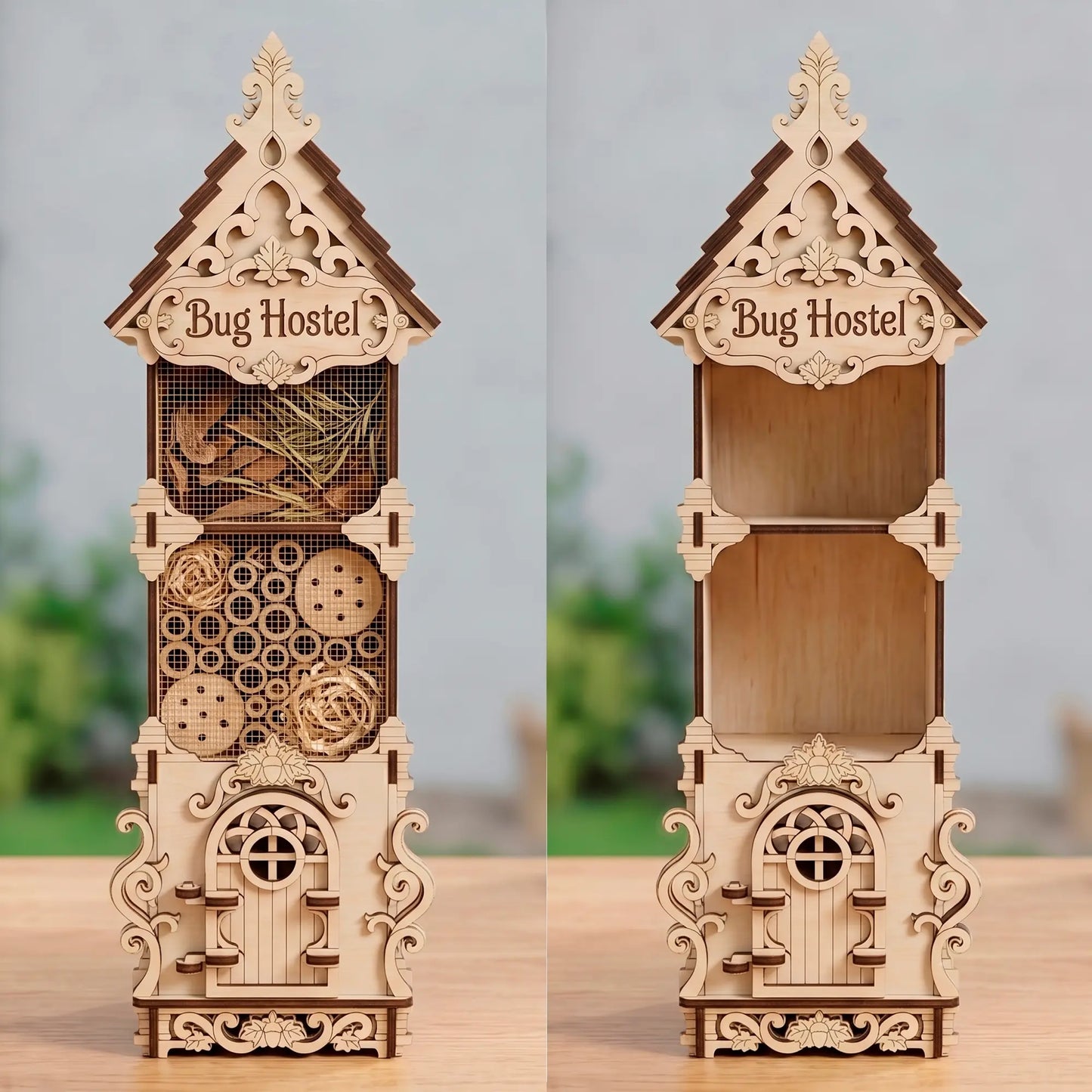 Laser-cut plywood 'Bug Hostel' insect hotel, shown full of natural materials on the left and empty on the right.