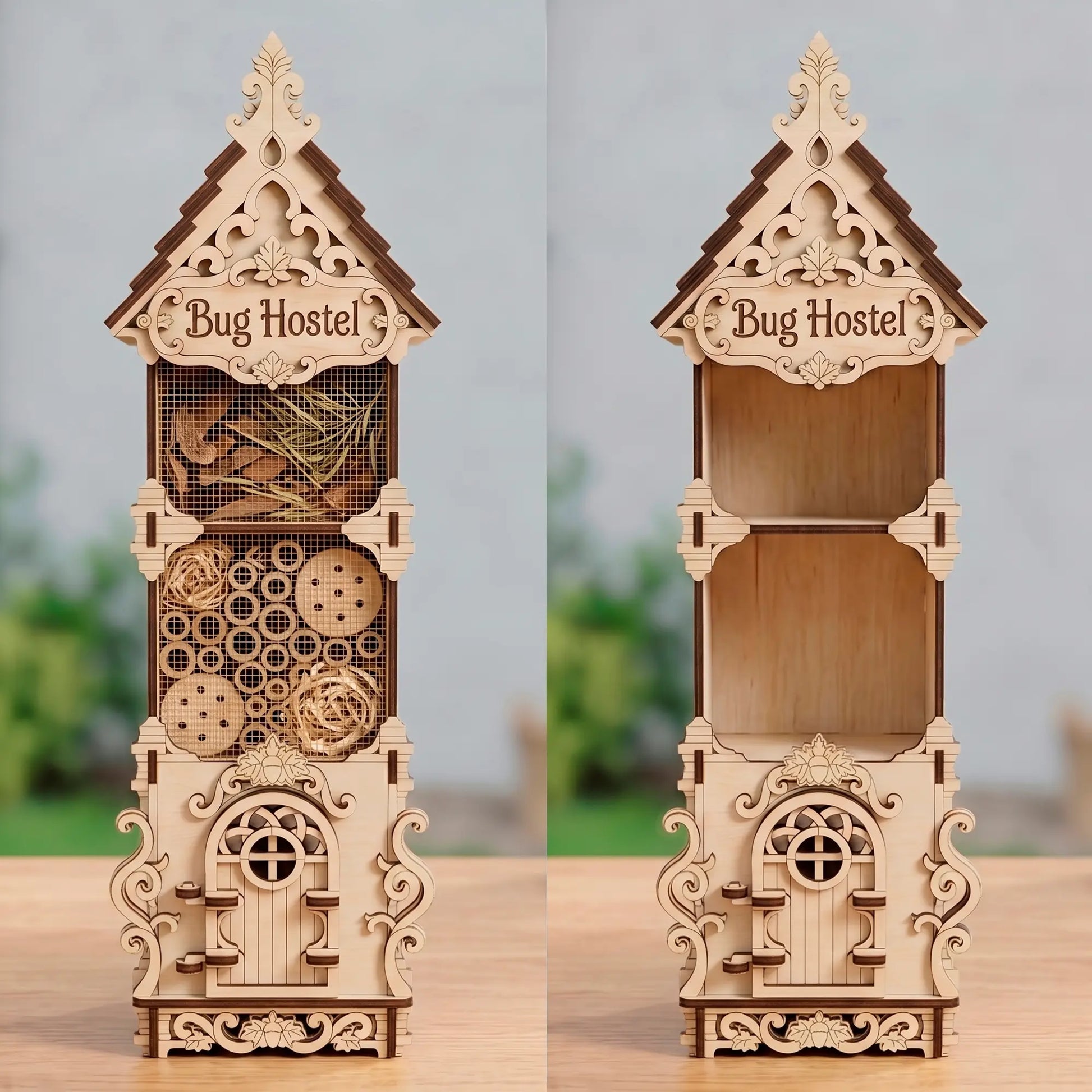 Laser-cut plywood 'Bug Hostel' insect hotel, shown full of natural materials on the left and empty on the right.
