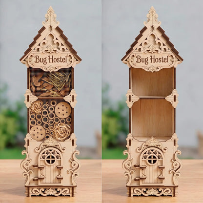Laser-cut plywood 'Bug Hostel' insect hotel, shown full of natural materials on the left and empty on the right.