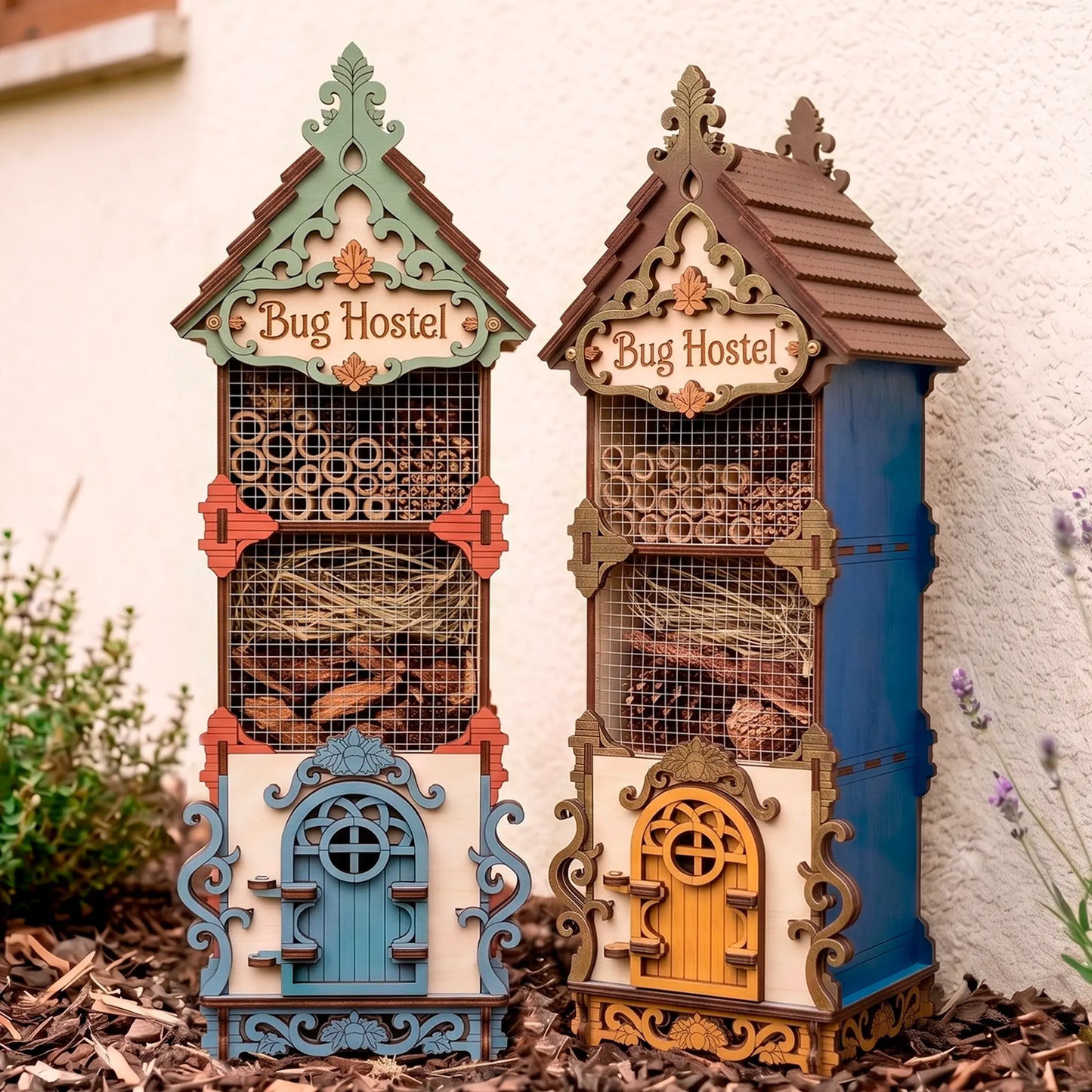 Detailed laser-cut plywood wooden bug hostels, one with a green roof and one with a brown roof, both labeled "Bug Hostel"