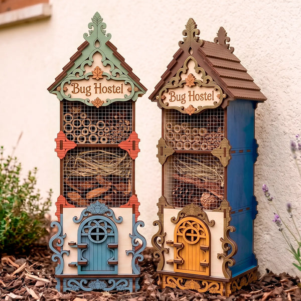 Detailed laser-cut plywood wooden bug hostels, one with a green roof and one with a brown roof, both labeled "Bug Hostel"