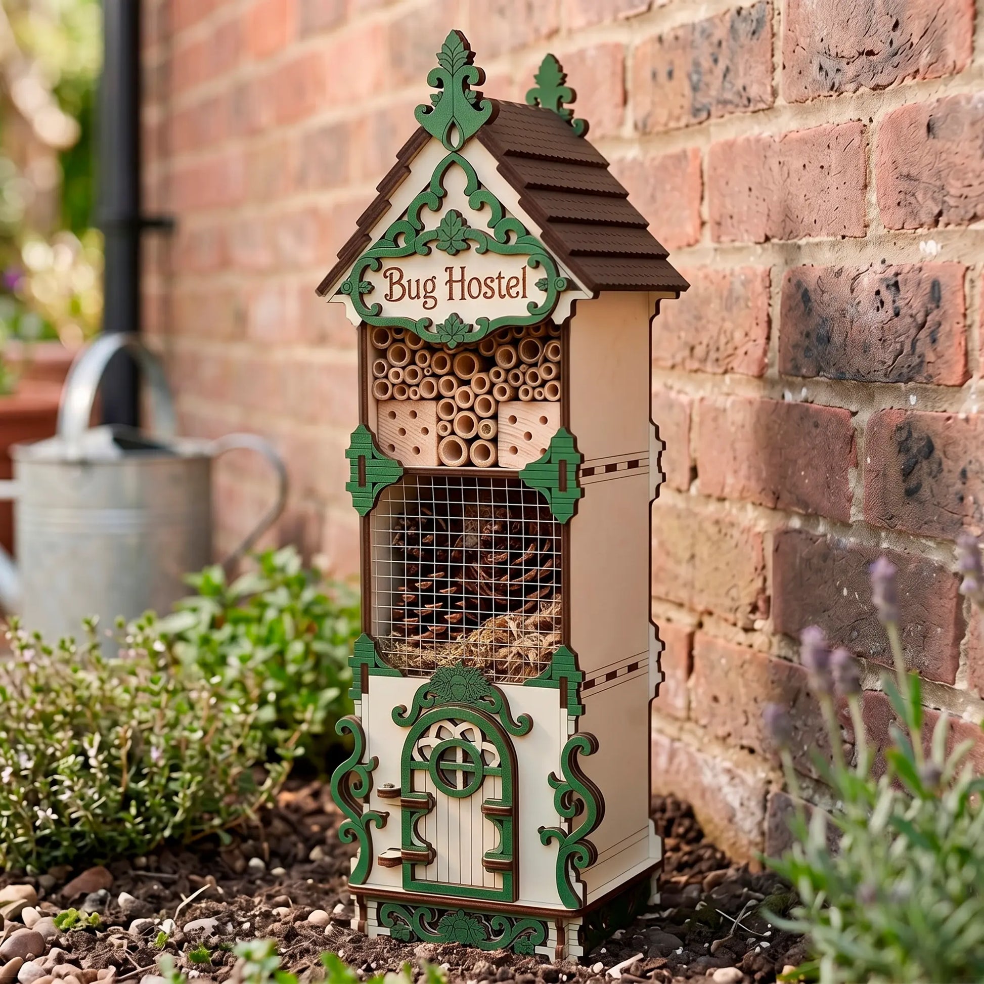 Laser-cut birch plywood bug hostel placed outdoors near a brick wall, filled with natural materials and green decorative accents.