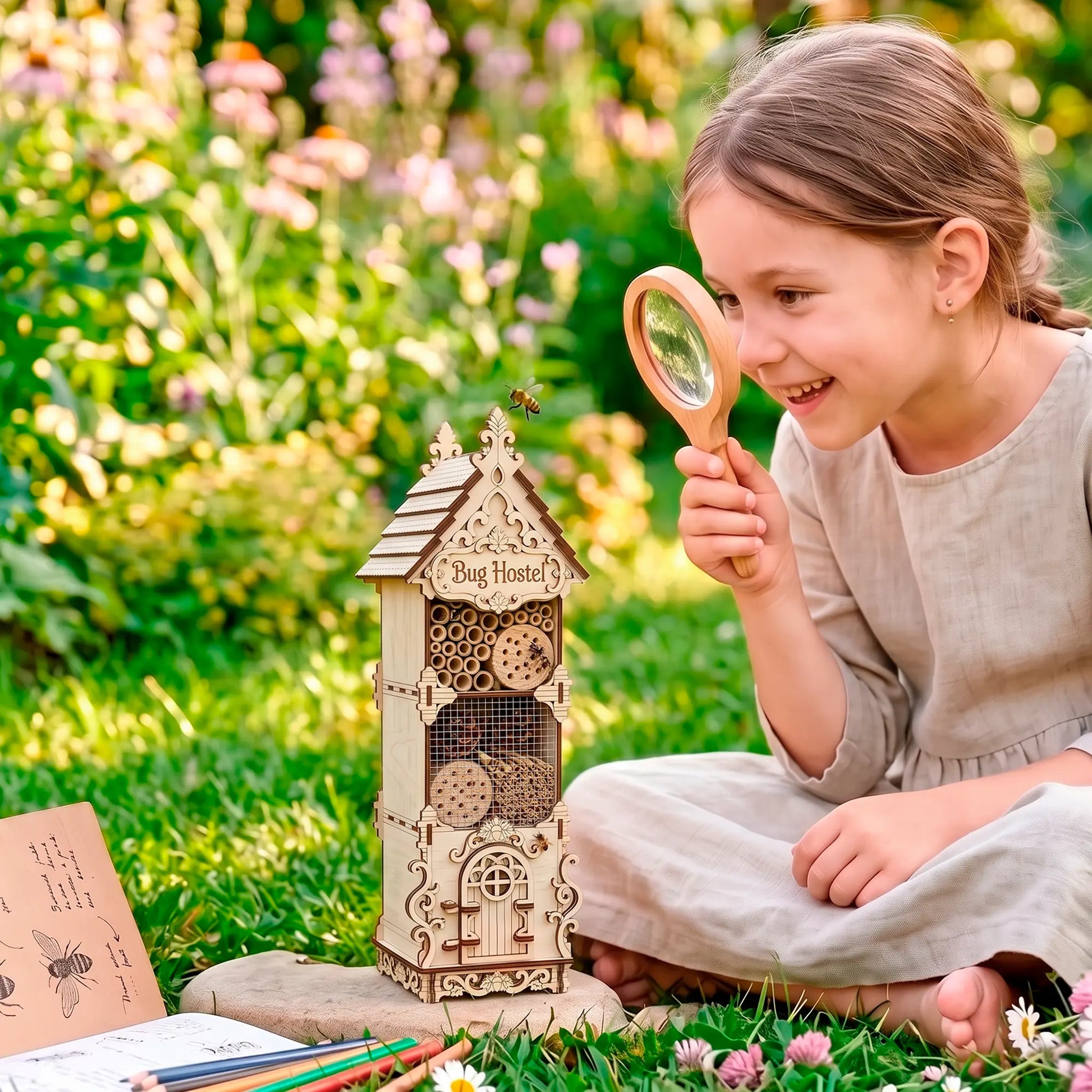A child sitting on the grass in a garden, examining a laser-cut birch plywood bug hostel with a magnifying glass