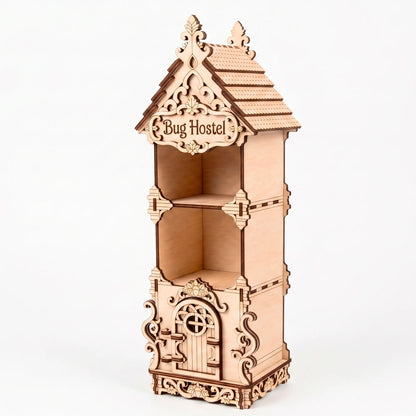 Three-quarter studio view of an empty laser-cut birch plywood bug hostel showing its layered compartments and shingled roof.