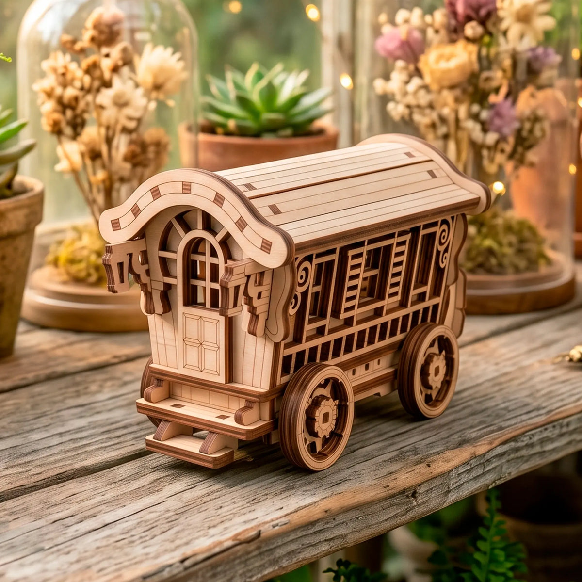 A natural laser-cut plywood fairy wagon sitting on a rustic wooden shelf surrounded by potted green plants and warm florals