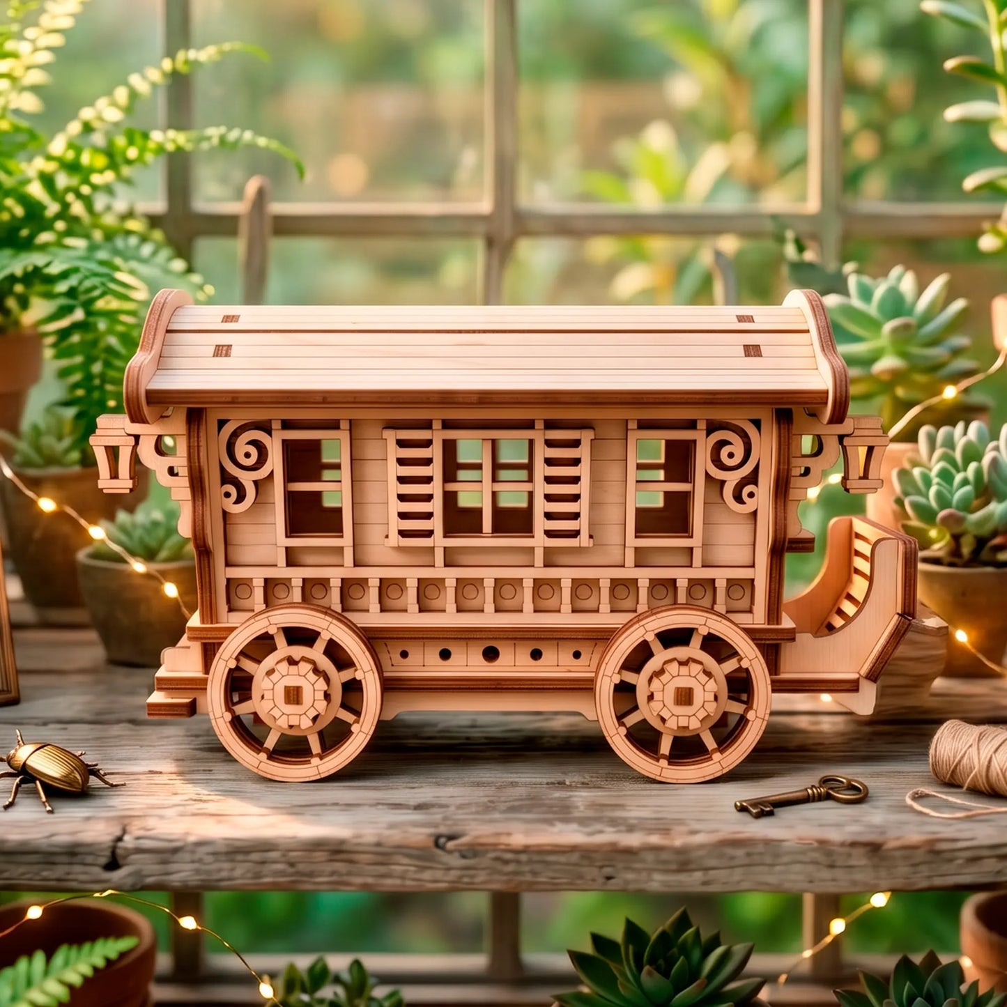A laser-cut plywood fairy wagon displayed on a rustic wooden workbench against a bright greenhouse window background